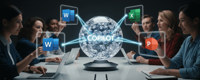 כדור Copilot עם אייקוני וורד, אקסל ופאוור פוינט וצוות סביב השולחן