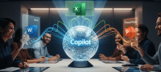 כדור זוהר עם הכיתוב Copilot מחובר לאקסל, וורד ופאוור פוינט, ואנשים סביבו